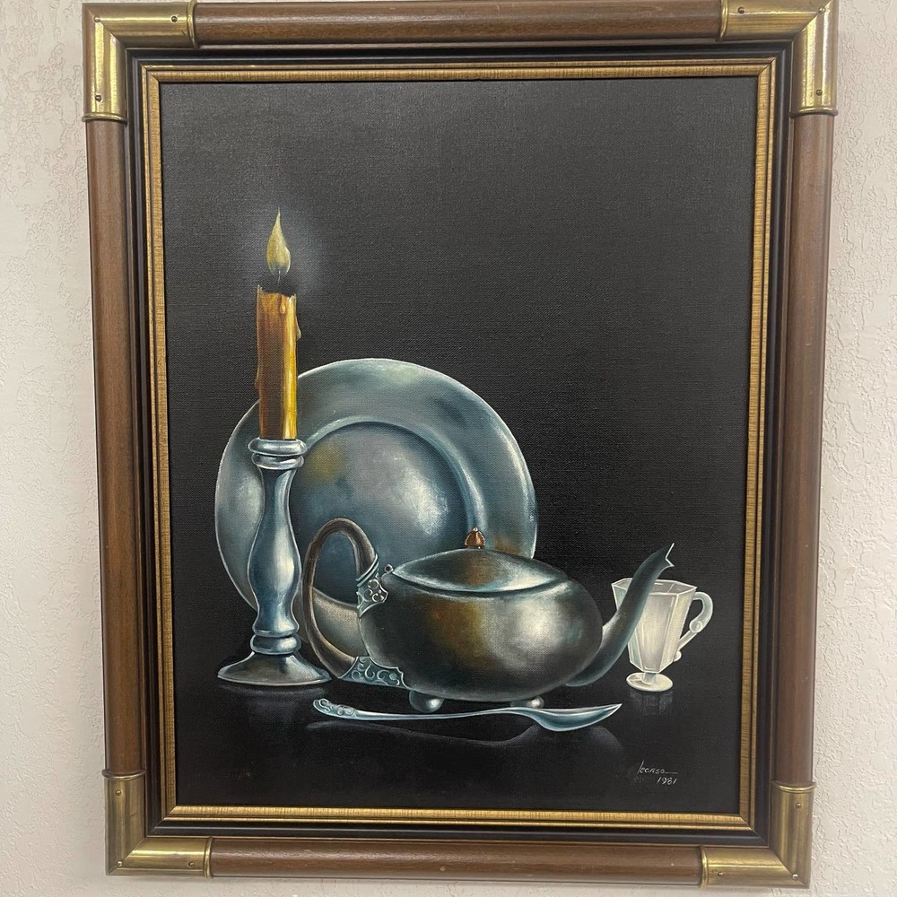 VINTAGE WOOD & BRASS FRAME CANVAS TEA TIME CANDLE PAINTING WALL ART